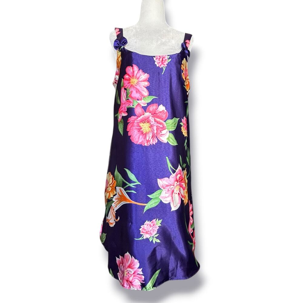 Vintage Sante Classics Purple Floral Satin Slip Dress Bow Strap Cottage  Small